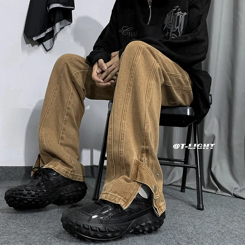 

Hybskr America High Street Men Jeans Fashion Design Side Slit Oversized Straight Male Denim Pants Hip Hop Unisex Casual Trousers