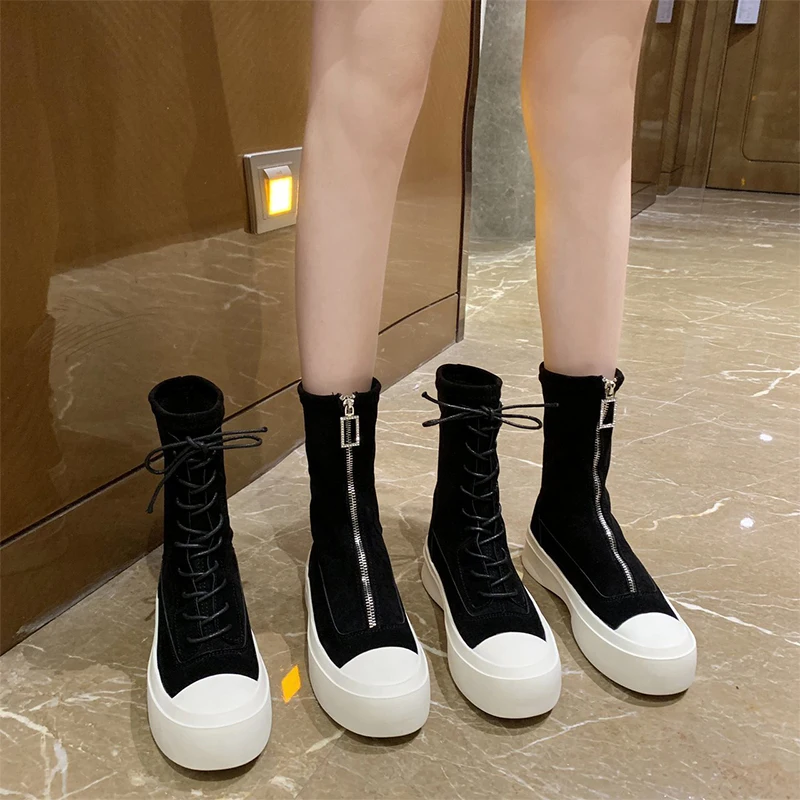 

Shoes Boots Women New 2020 Zipper Round Toe Flat Heel Booties Ladies Rock Mid Calf Autumn Med Rubber Lolita Mid-Calf