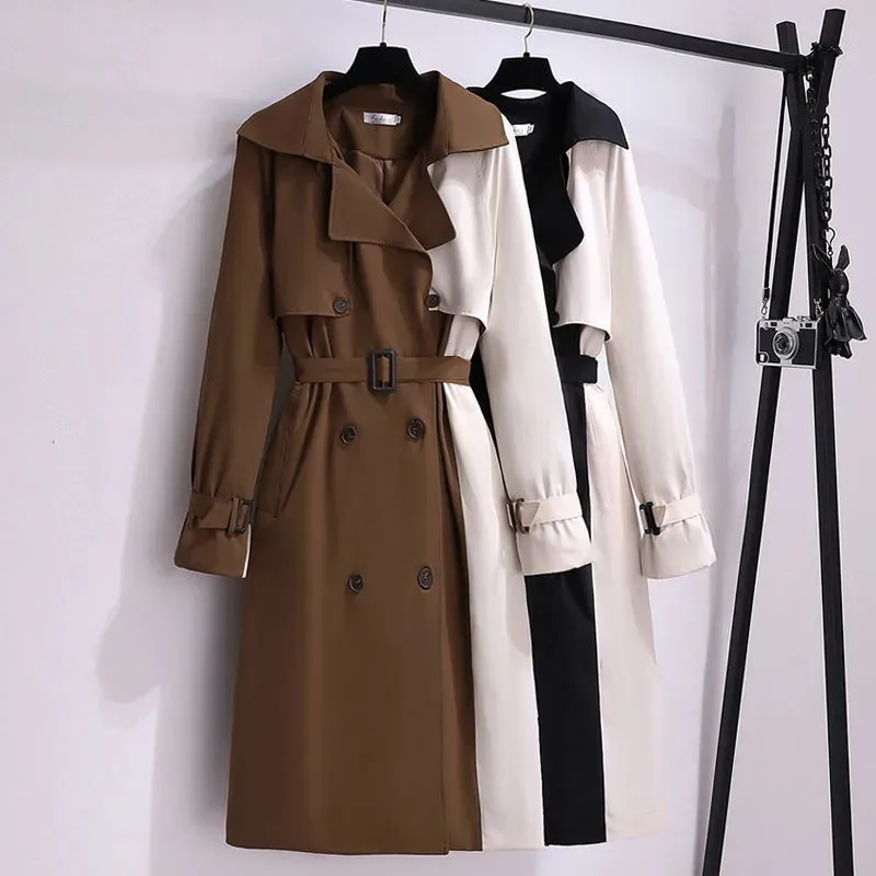 

Mid-length Patchwork Contrasting Color Windbreaker With Sashes Black Khaki Lapel Long Sleeve High Street 2022 Spring Trench Coat