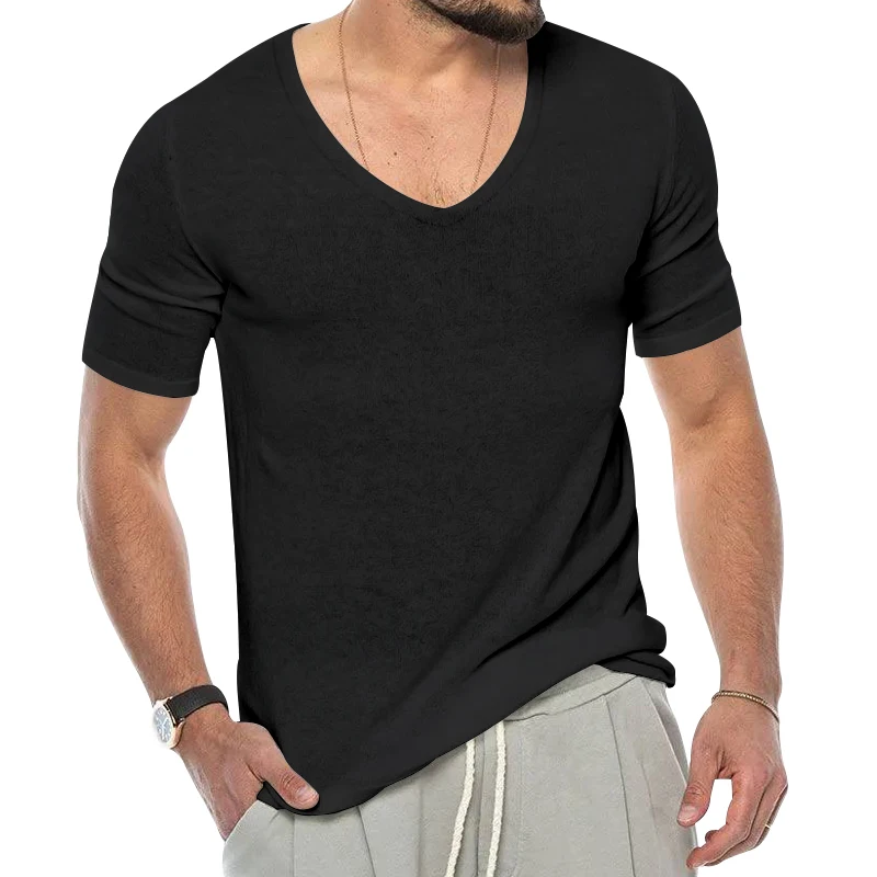 

Foreign trade men's clothing summer V-neck new short sleeved cloud spun solid color slim fit large T-shirt top