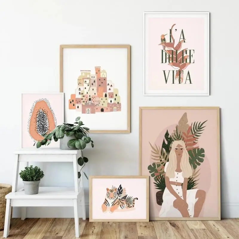 

Abstract Boho Illustration Girl Tiger Plant Painting Canvas Print Nordic Poster Home Decor Living Room Bedroom Fashion Wall Art