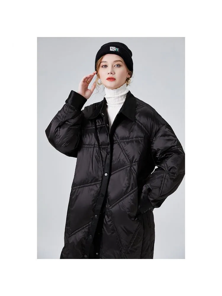High-End Warmer Bread Jackets Women's 2022 Winter New Fashion Bright Shirt Collar Loose Long Black 90 White Down Coats