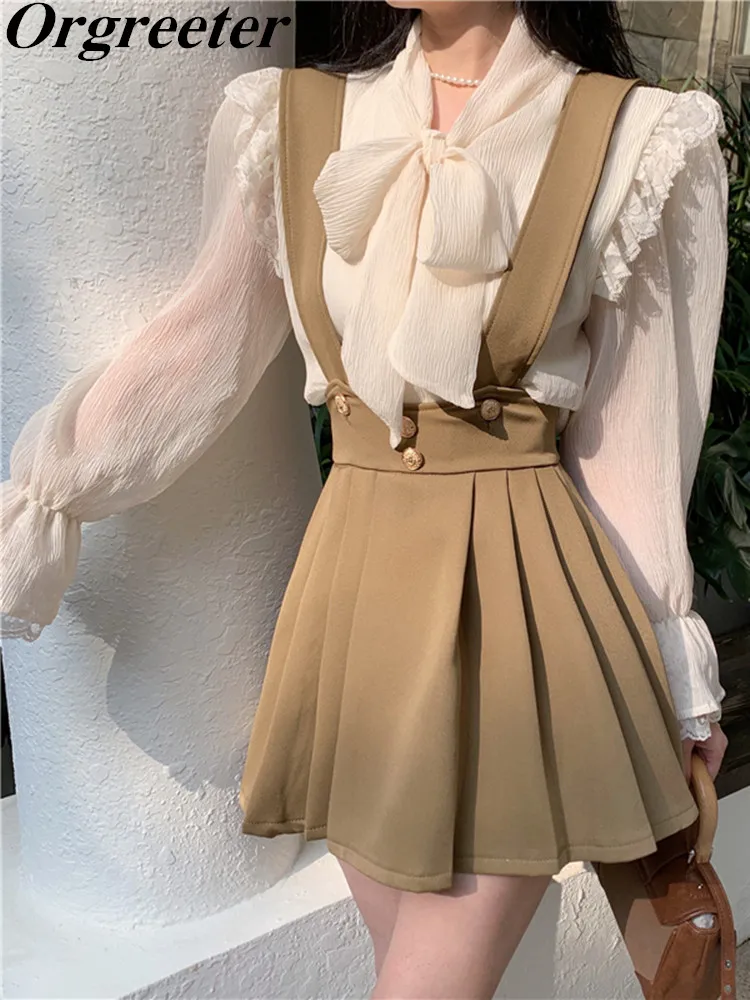 

2022 Spring New Sweet Suit Female Ruffles Bow Tie Long-sleeved Chiffon Blouse and Pleated Strap Dress Two Piece Set Women