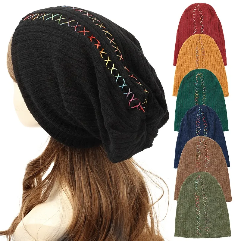 

Women Double Colorful Ribbon Soft Ribbed Hats New Spring Winter Slouchy Hats Ladies Skullies Beanies Gorros