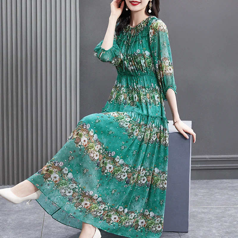 

Женское длинное шелковое платье, Летнее цветочное платье макси в Корейском стиле, модель Pph4806, 100%