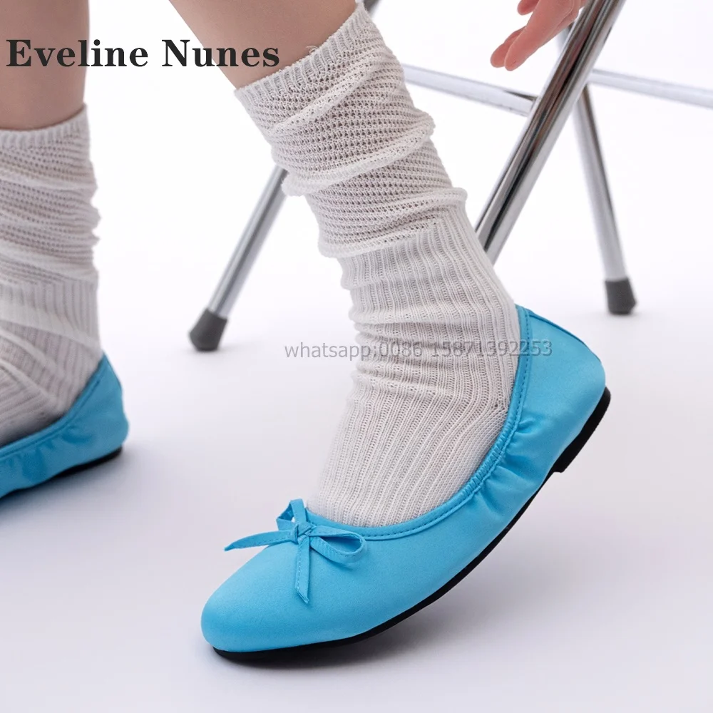 Голубые плиссированные туфли-лодочки с бантом и круглым носком однотонные