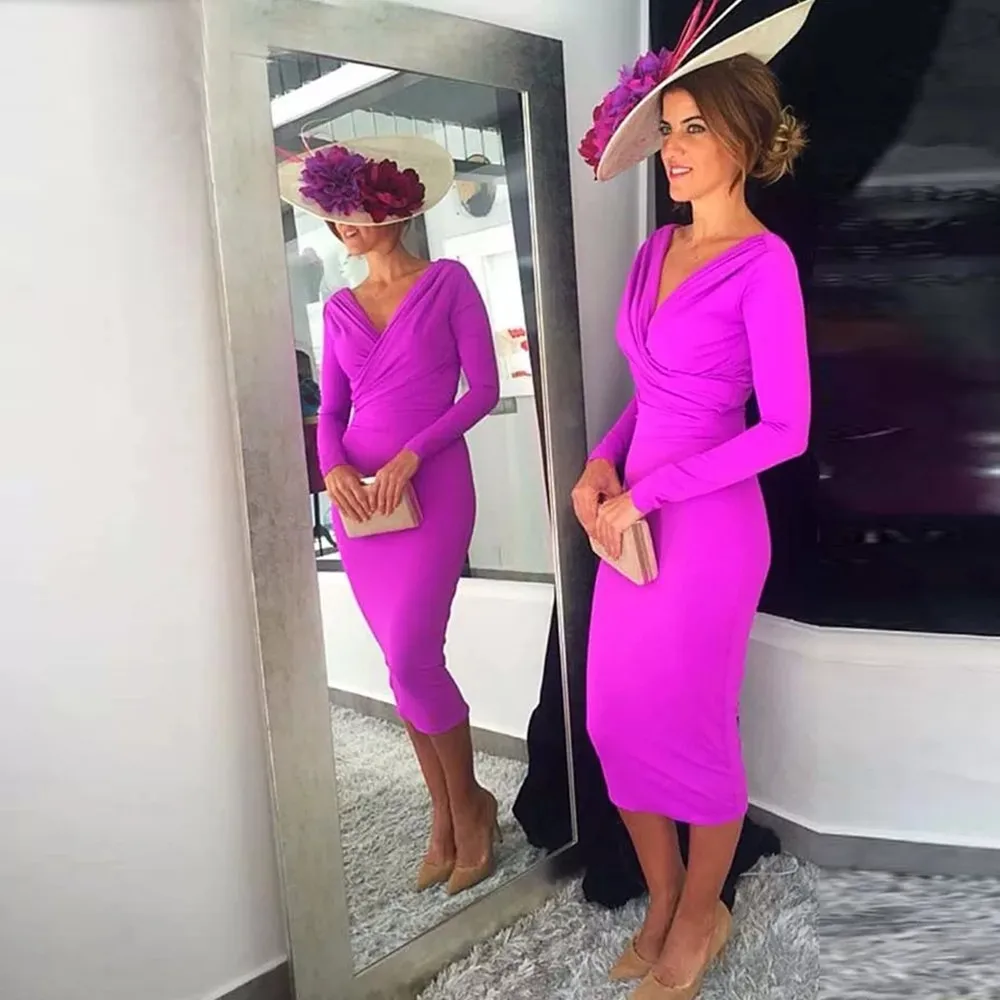 

Simple Mother of the Bride Dresses 2022 Below Knee Length Women Long Sleeves V-Neck Fuchsia vestido de madrinha