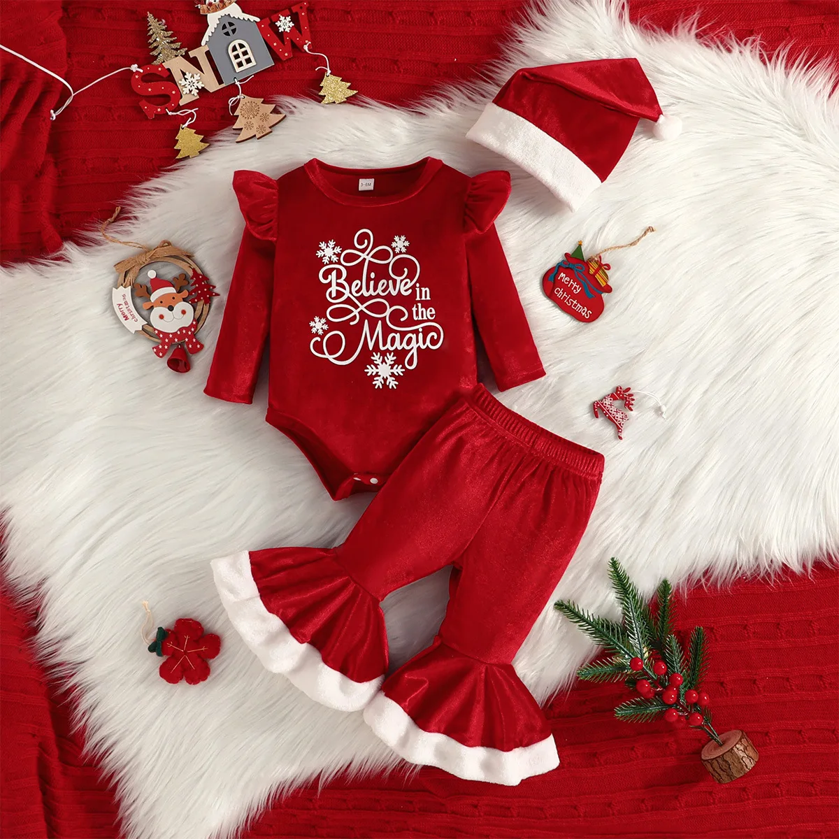 

Christmas Flying Sleeve Baby Girl Clothes + Fashion Bell Bottoms +Cute Christmas Hat Canary Three-piece Set Baby Girl Outfit Set