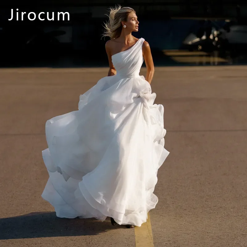 

Jirocum Off Shoulder A-line Wedding Dress Irregular Design Sense Bridal Gowns Sleeveless Pleated and Ground Beach Light Gauze