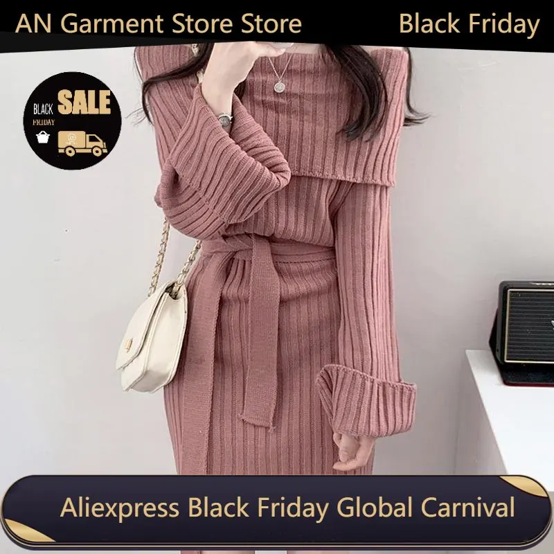 

Korean Fashion Autumn and Winter Elegant Straight Neck Open Shoulder Pit Strap Waist Tight Knit Buttock Wrap Dress Pullover