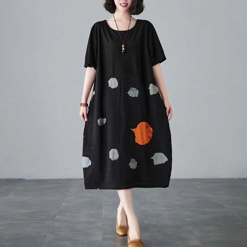 Летнее черное платье-миди #3266 женское в горошек из хлопка и льна женские