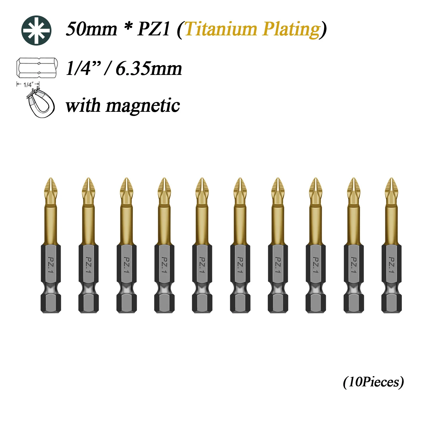 

10 шт., 50 мм, S2 титановые биты, шестигранные хвостовики, противоскользящие биты для отверток, магнитные одиночные головки PZ1 / PZ2 / PZ3