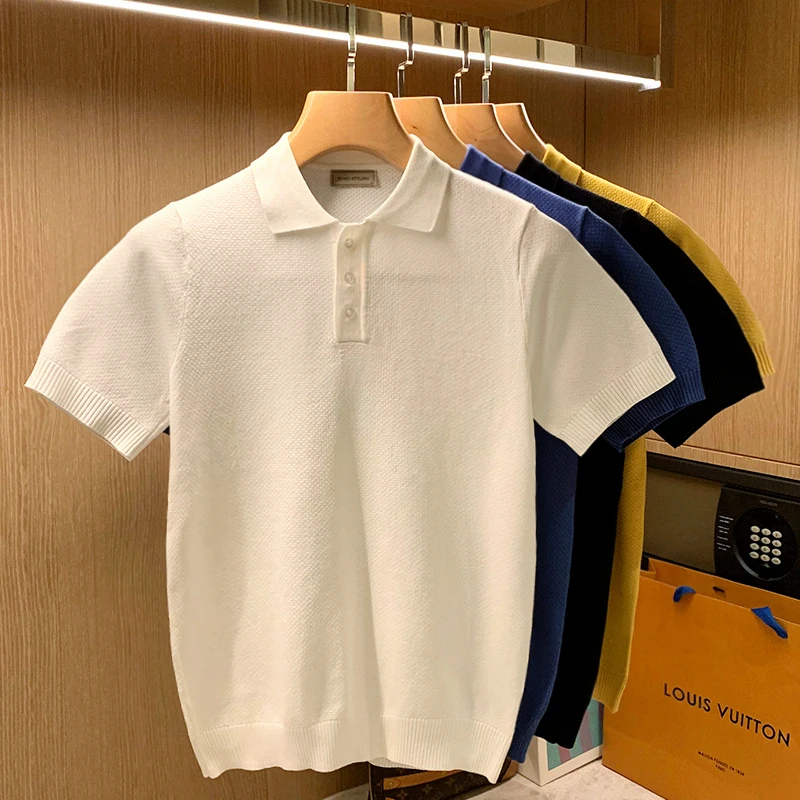 

2022 Summer Men New Casual Knitted Polo Shirts Men Solid Color Slim Fit Polos Homme Male Short Sleeve Breathable Polo Shirt