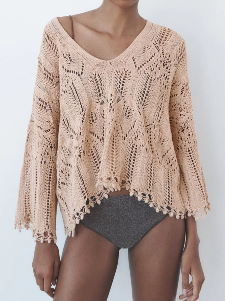

Women Solid Knitted Sweater Elegant New Female V-Neck Long Flare Sleeve Jacquard Mesh Sexy Pullover Summer Beach Vocation Tops