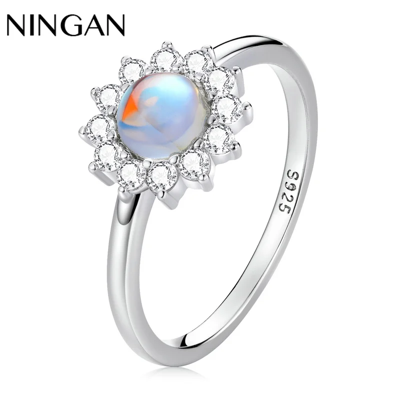 

NINGAN Women Finger Rings Shine Moonstone Sun Ring Size 6 7 8 Fashion 925 Sterling Silver Finger Rings Trendy