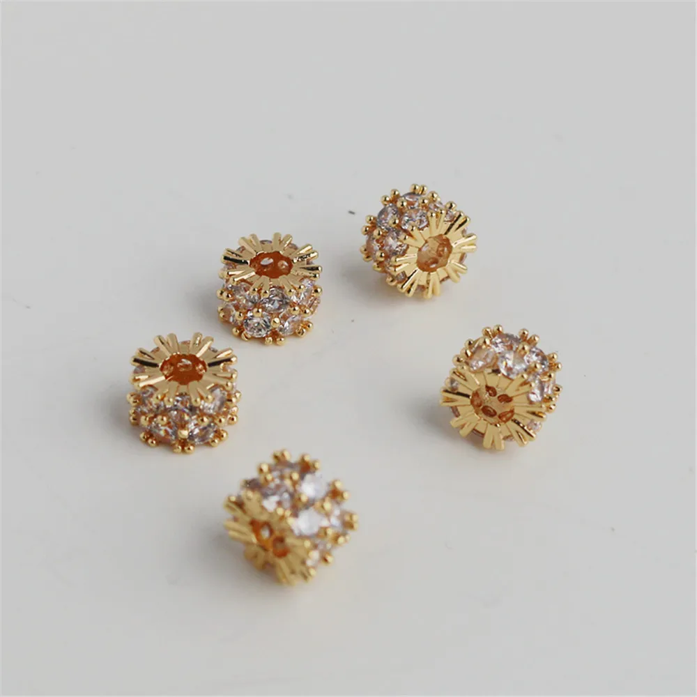 14K Gold Filled Plated Inlaid zircon snowflake bucket beads 8mm transfer beads DIY jewelry accessories loose beads