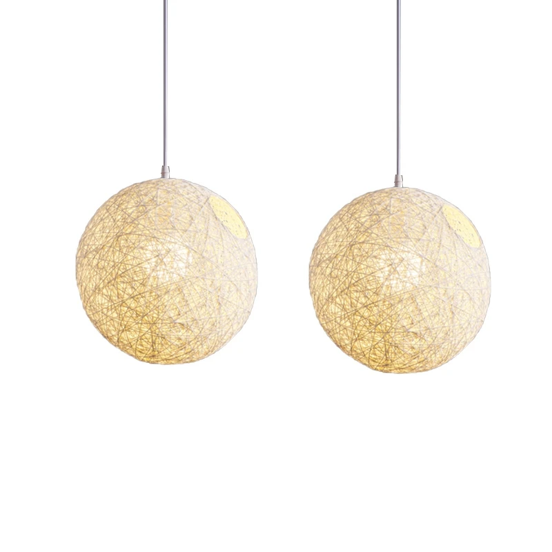 

2X White Bamboo, Rattan And Hemp Ball Chandelier Individual Creativity Spherical Rattan Nest Lampshade