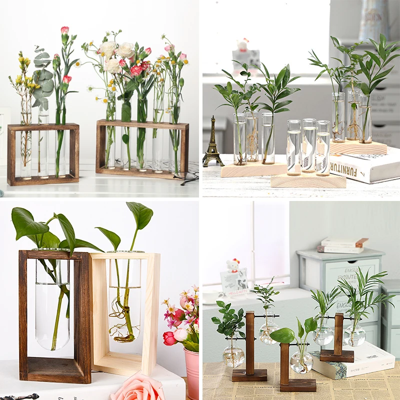 

Wooden Hydroponic Plant Vases Vintage Flower Vase Pot Transparent Vase Wooden Frame Glass Vase Tabletop Plants Home Bonsai Decor