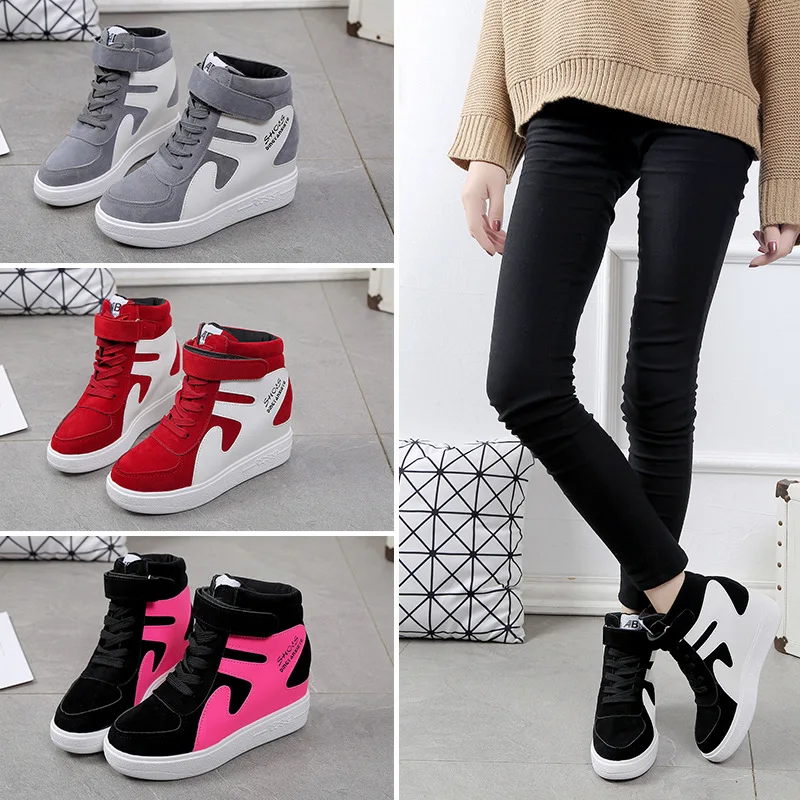 

Women's vulcanized new Korean fashion thick soles with raised sponge shoes, high-top shoes, color matching matte leather casual