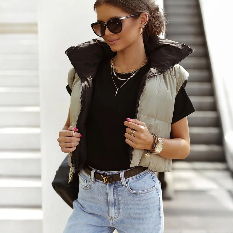 Ladies Cotton Double-sided Sleeveless Vest Parka Coat Zipper Stand-up Collar High Collar Warmth Thick Fashion Vest Short Jacket