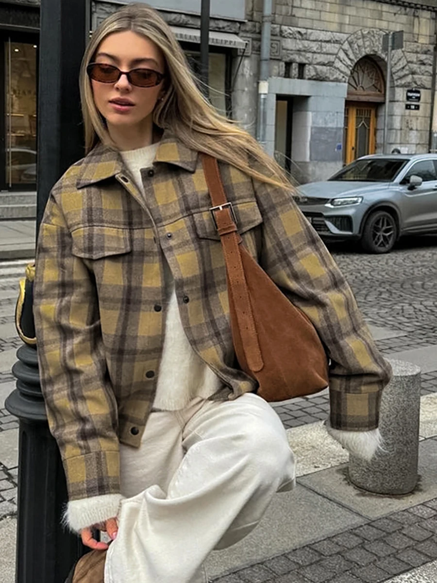 Осенняя винтажная клетчатая куртка шикарная шерстяная Верхняя одежда с длинным