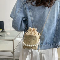 women straw purse pearl chain drawstring handbag summer crossbody bag for girls female