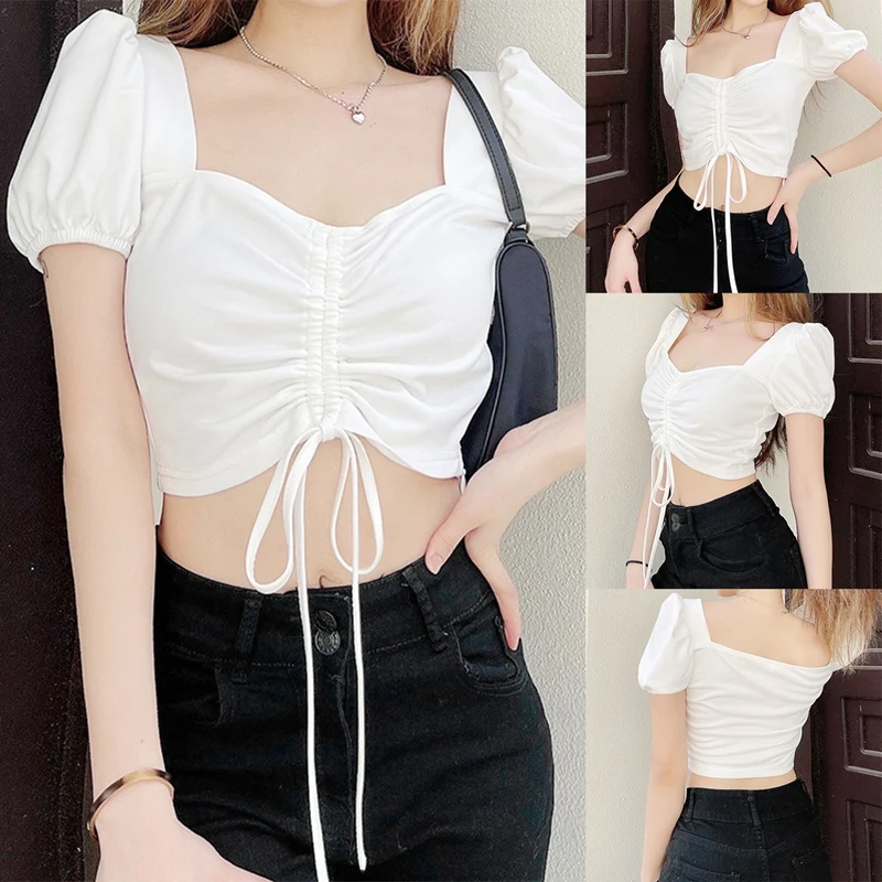

Women's New Sexy Self-Cultivation Temperament Bubble Sleeve Tether Pleated Square Neck Cropped Short Top White