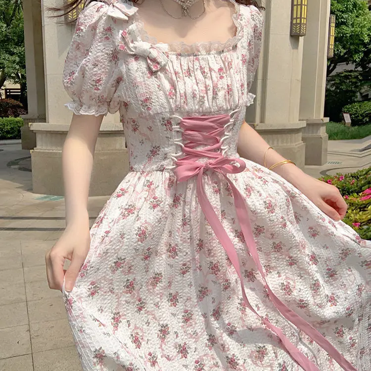 

Summer Lolita Print Dress Women French Y2K Patchwork Sweet Party Midi Dresses Female Pink Bow Summer Floral Kawaii Dress 2022
