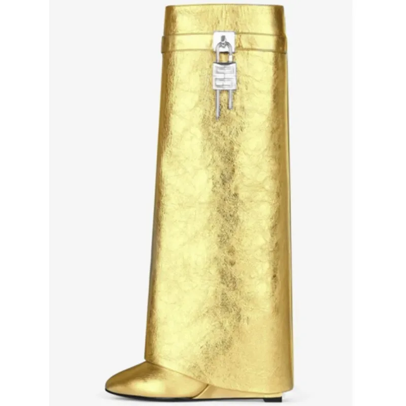 Women's New Knee High Boots Shark Lock Long Thick Soled High-heeled Boots Designer Luxury Brand Women's Leather Boots