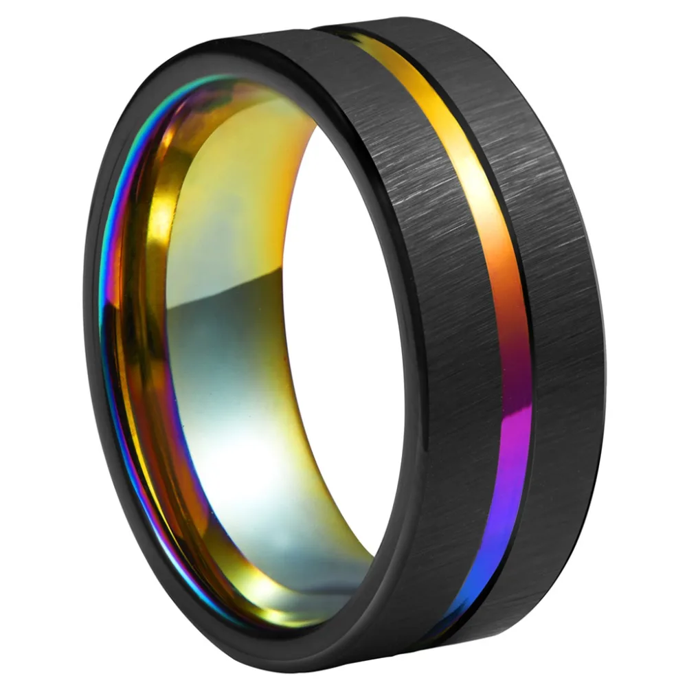 

Engagement Rings 8mm Tungsten Carbide Wedding Rings Rainbow Anodized Groove Center with Rainbow Plating Mens Jewelry