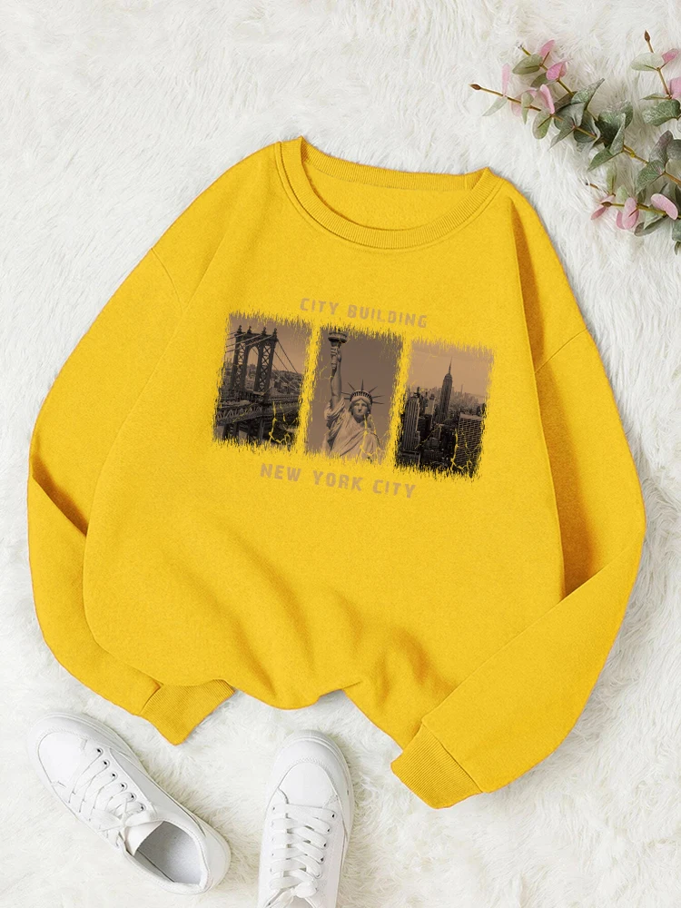 New York City Scenery Print Sweatshirt Womens Autumn Warm Comfortable Clothes Simple Basic Street Casual Versatile Top Female