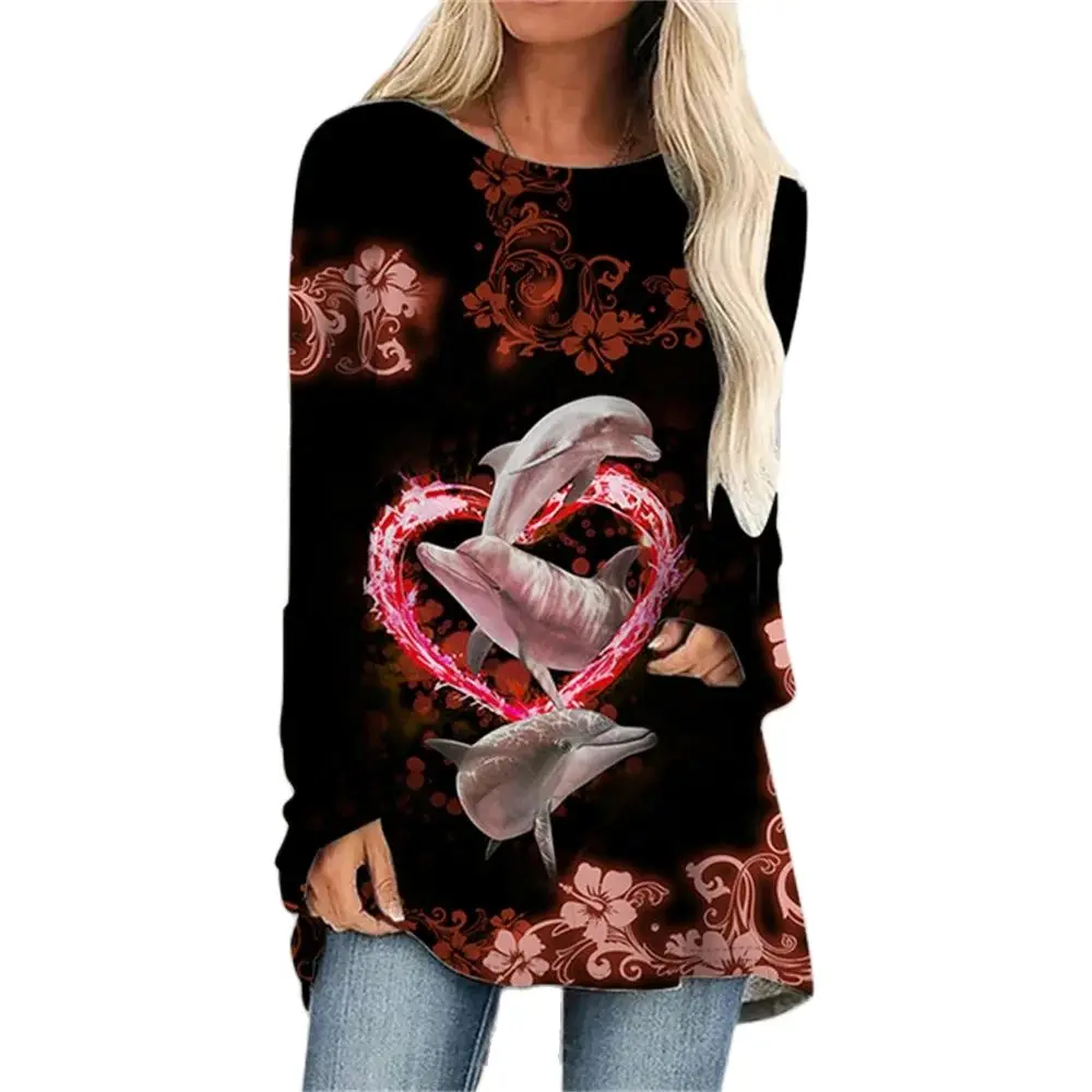 

Универсальный пуловер Harajuku, футболка с принтом в виде милого дельфина для женщин, модная винтажная уличная одежда с рукавом реглан, Сексуальная футболка с круглым вырезом