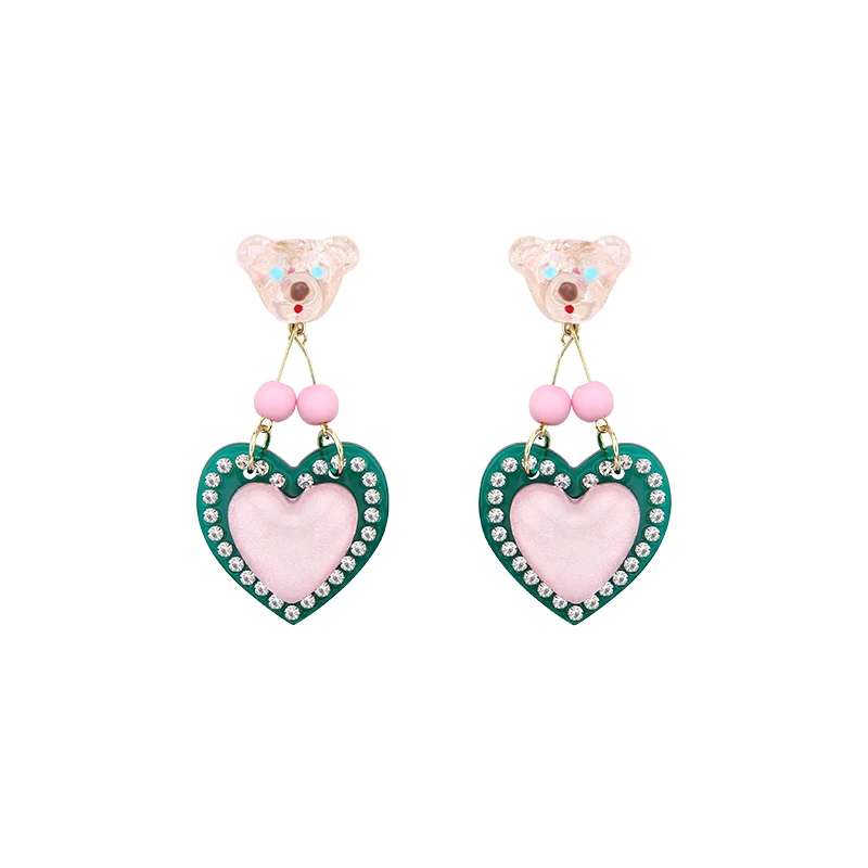 

Jelly Bear Earrings Contrast Color Heart Set Diamond Earrings Earclips