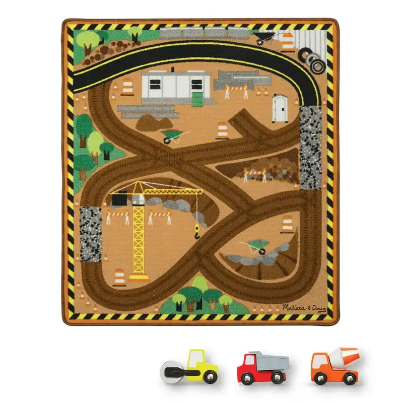 

Round the Construction Zone Work Site Rug With 3 Wooden Trucks (39 x 36 inches)