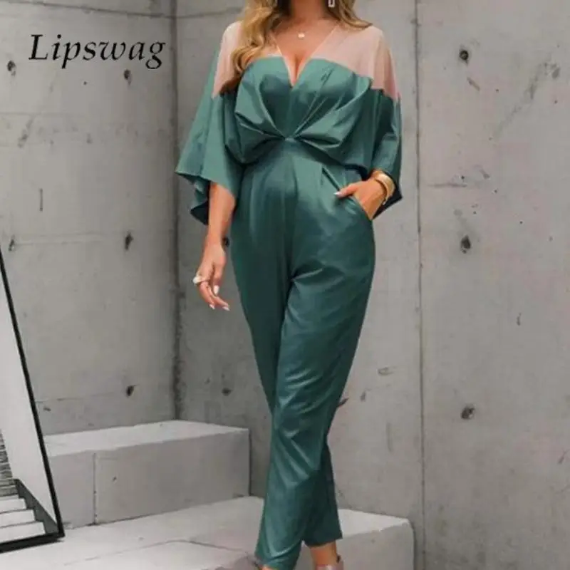 

Elegant Mesh Patchwork Perspective Jumpsuit Fashion Women V Neck Bat Sleeve Playsuit Autumn Office Lady Waisted Trousers Rompers