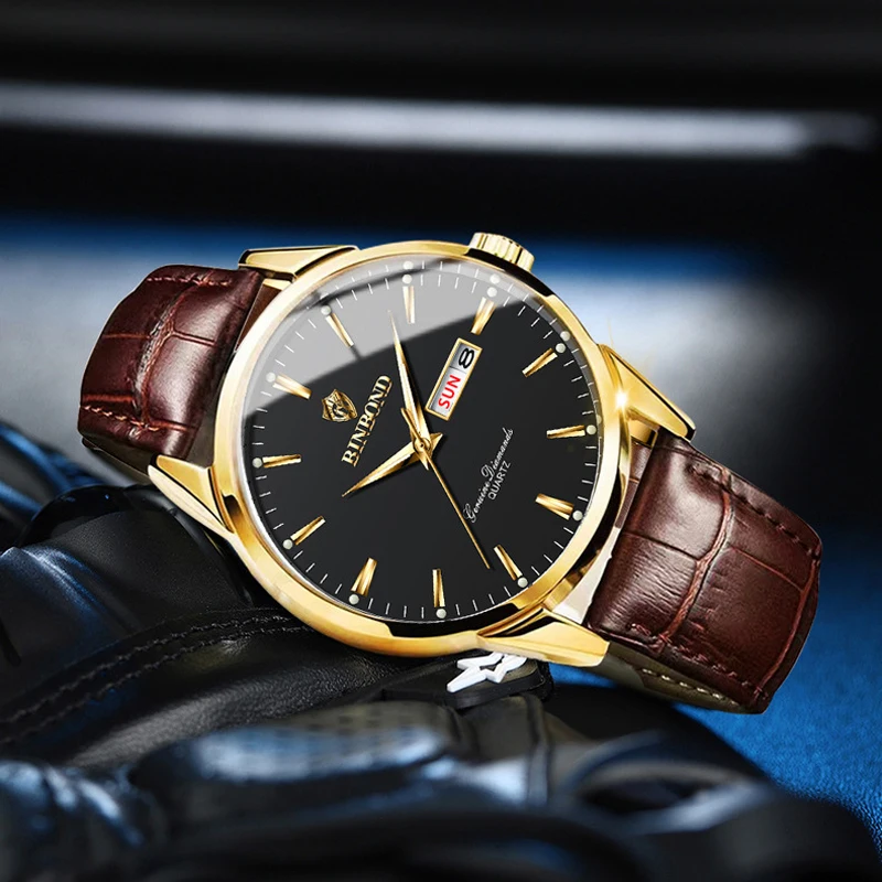 BINBOND Lover Watches Top Brand Luxury Couple Quartz Watch Waterproof Leather Watch Strap Watch for Women and Men Couple Gift