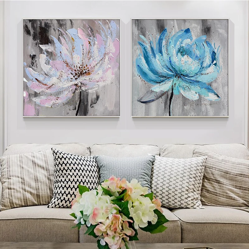 

Hand Painted Oil Painting Canvas Dining Room Hanging Painting Abstract Lotus Mural Living Room Decorative Painting Frameless