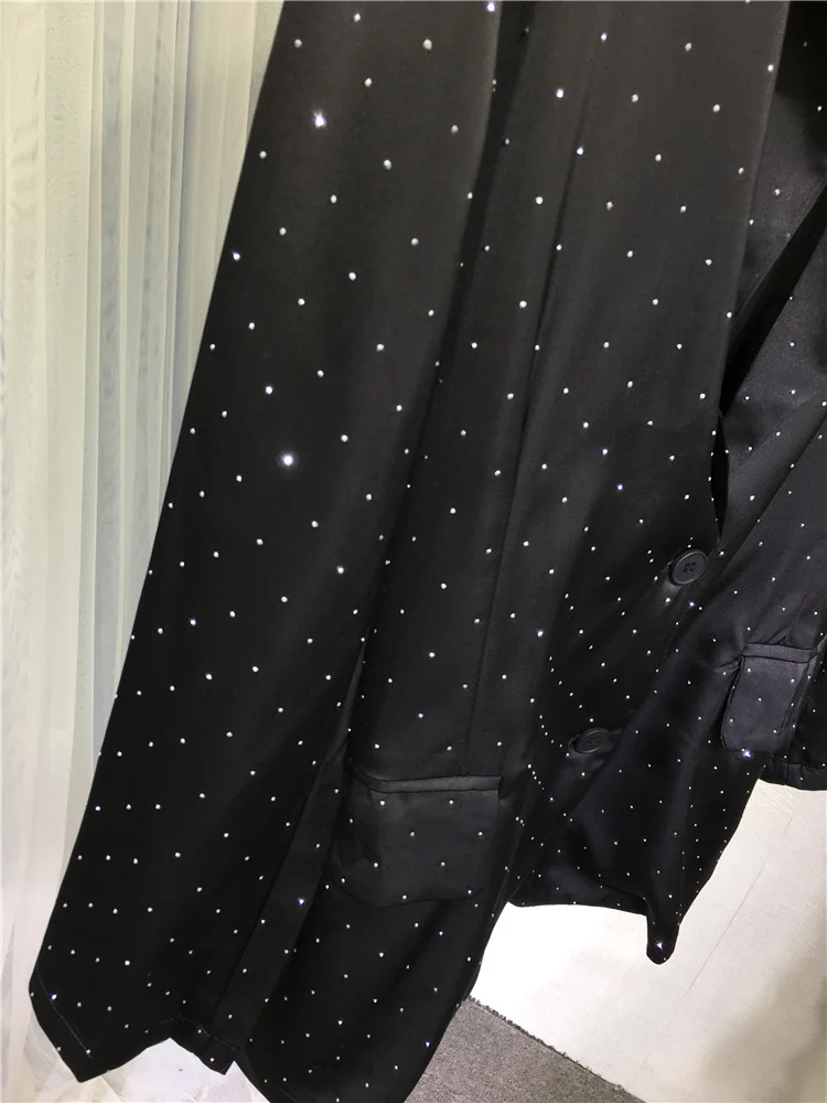 Heavy Industry Diamond Black Suit Jacket for Women 2023 Spring and Autumn Classic Full Diamond V-neck Loose Mid-Length Cardigan