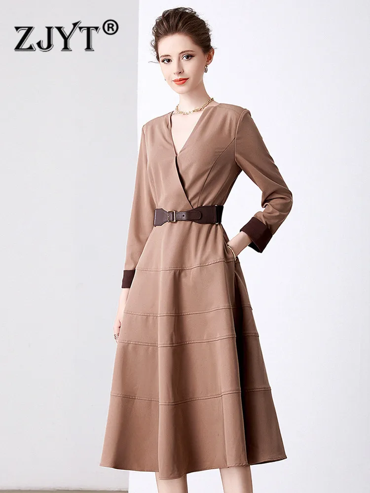 

ZJYT Runway Designer Celebrity Fashion Autumn Winter Dress Long Sleeve Woman Clothes 2022 Elegant V Neck Belt Casual Aline Robe