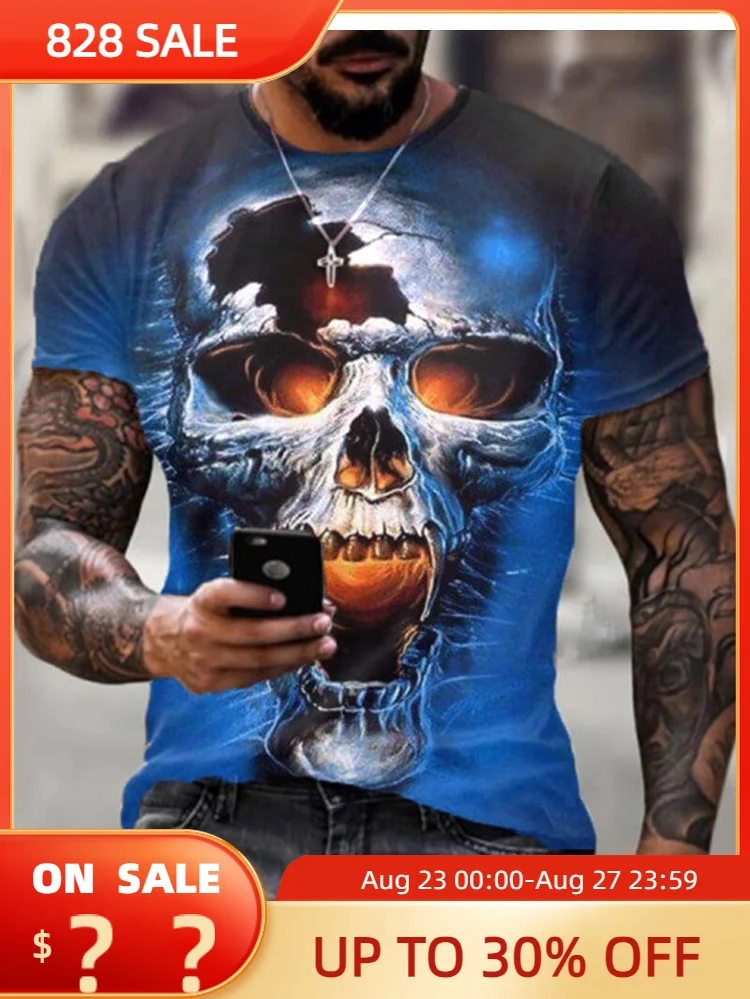 

Summer Men's T-shirt Skull Top Men's Extra Large Breathable 3D Printing Personalized O-Neck T-shirt Men