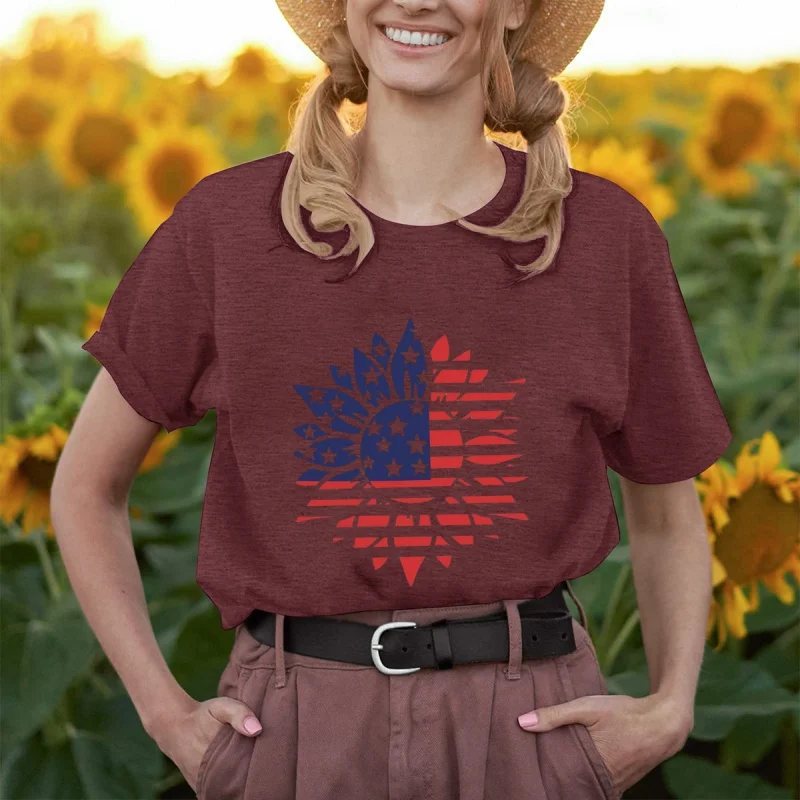 

Топы на День независимости Америки Футболка с принтом американского флага и короткими рукавами с круглым вырезом Женская свободная повседневная рубашка