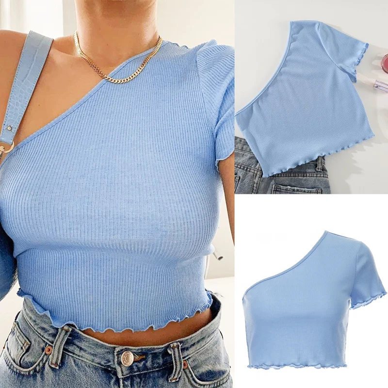 

Women's Fashion Sexy Pit Strip Oblique Shoulder Short-Sleeved Shirt Blue