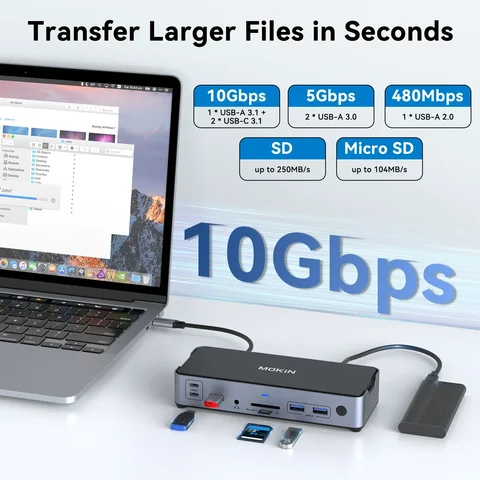 MOKiN 15 в 1 USB C Hub Док-станция 8K 30 Гц 3 канала 4K 60 Гц HDMI DP USB 3.0 3.1 SD/TF RJ45 Audio PD для Mac iPad ноутбука