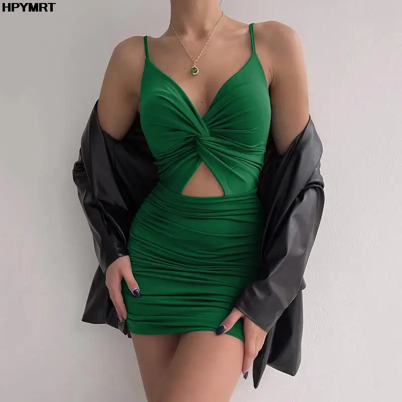 

Hollow Out Dress Woman Mini Bodycon Dress Backless Spring Summer New Sexy Streetwear V-neck Pleated Club Party Dresses for Women