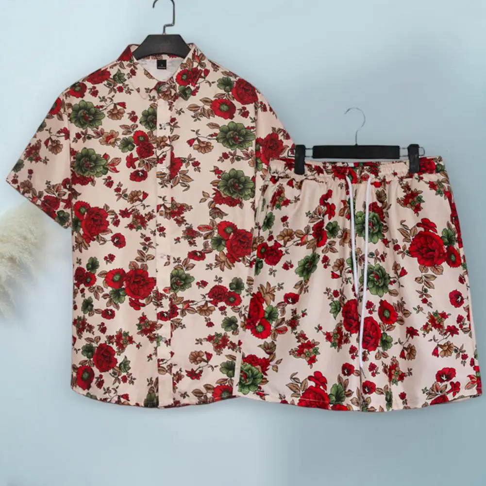 

1 Set Summer Men Shirts Shorts Floral Two Piece Set Short Sleeve Drawstring Turndown Collar Outfit Tracksuit Suit for Beach