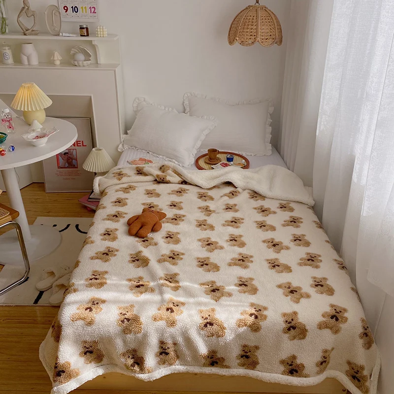 

New In Warm Winter Cute Lamb Wool Knitted Bear Sofa Blanket Decorative Cartoon Cotton Cushion Blankets Bed Throw Quilts