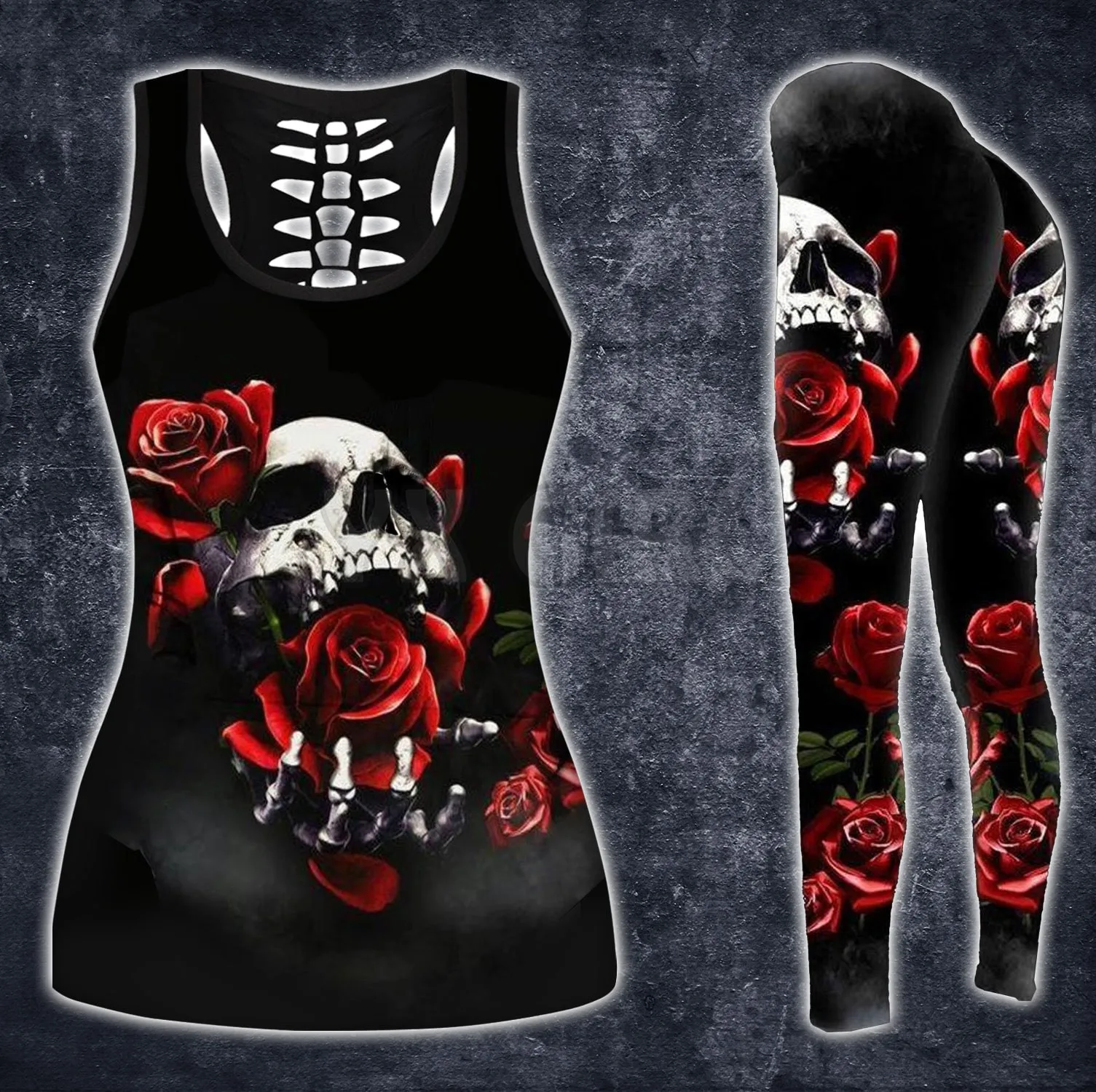 Skull Red Rose  3D Printed Tank Top+Legging Combo Outfit Yoga Fitness Legging Women