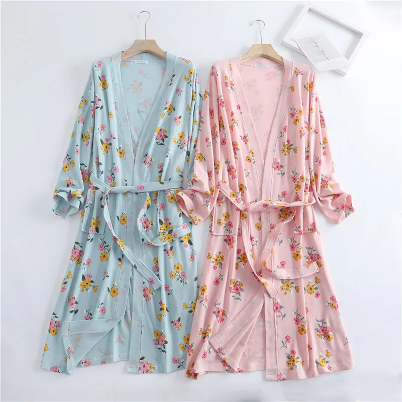 Spring and Autumn Cotton Waffle Kimono Bride Bathrobe and Night Gown Home Wear Women Flower Print Sashes House Robe for Women