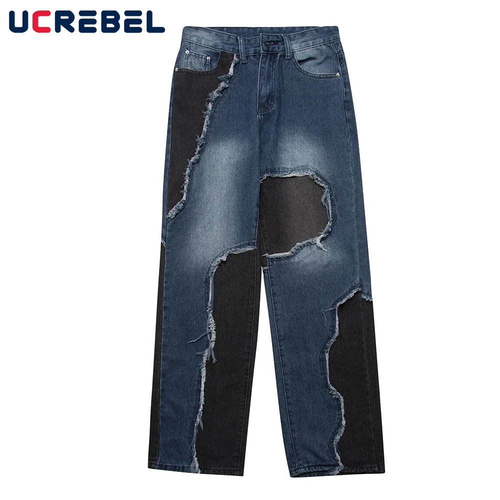 

Джинсы мужские с контрастными панелями, уличная одежда, мешковатые джинсы с необработанными краями, прямые брюки в стиле High Street, повседневн...