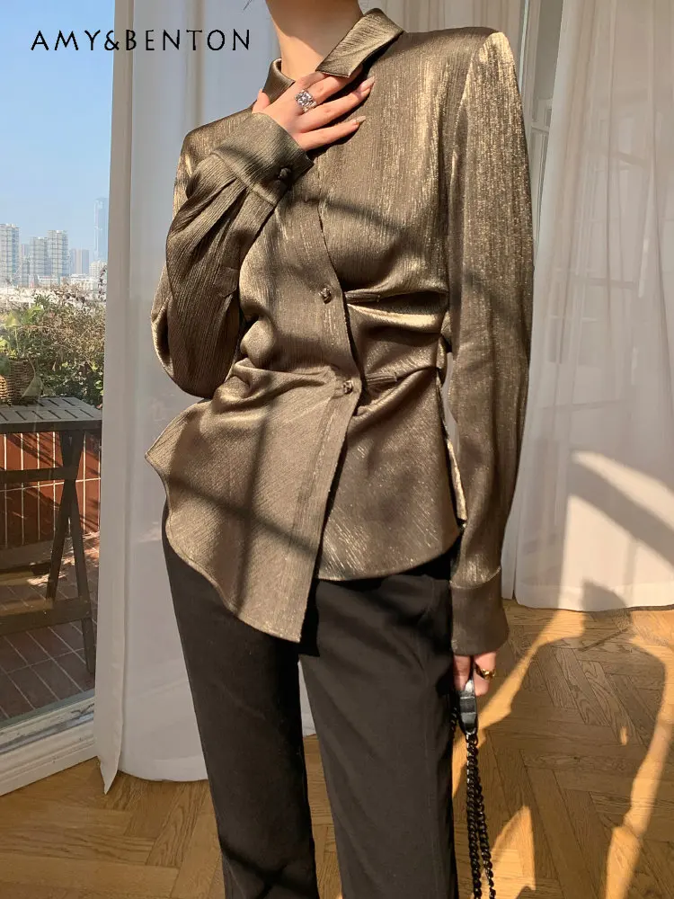 

Irregular Chinese Button Knots Satin Shirt Women Spring 2023 New Design Sense Waist Niche Top Long Sleeve Camisas De Mujer